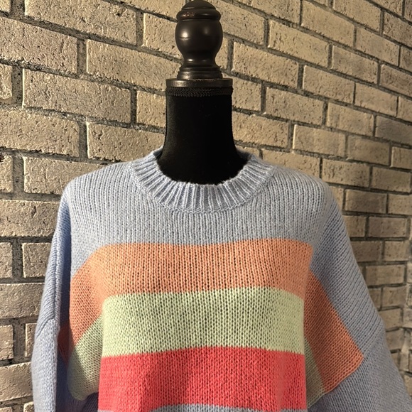 Blue and Pink Crew Neck Sweater with Striped Design - Picture 3 of 7